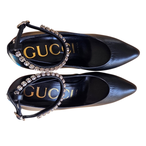 GUCCI Crystal Ankle Strap Leather Pumps Heels Black 37 Style # 590988